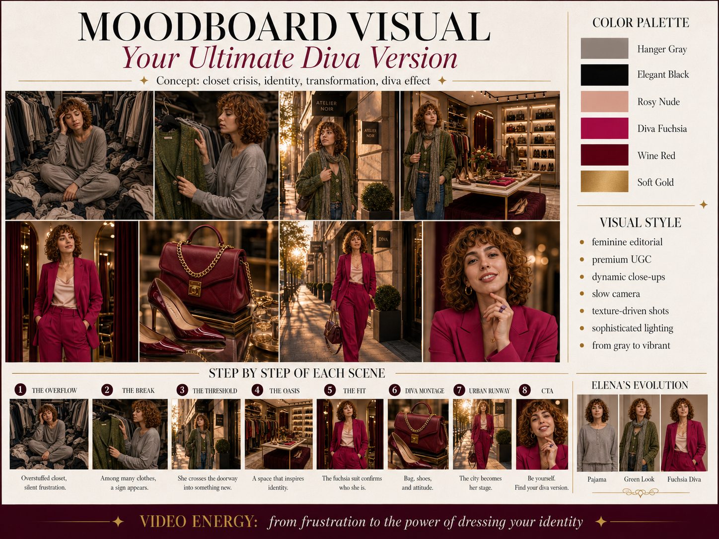 Art-direction board: palette, scene breakdown and character evolution